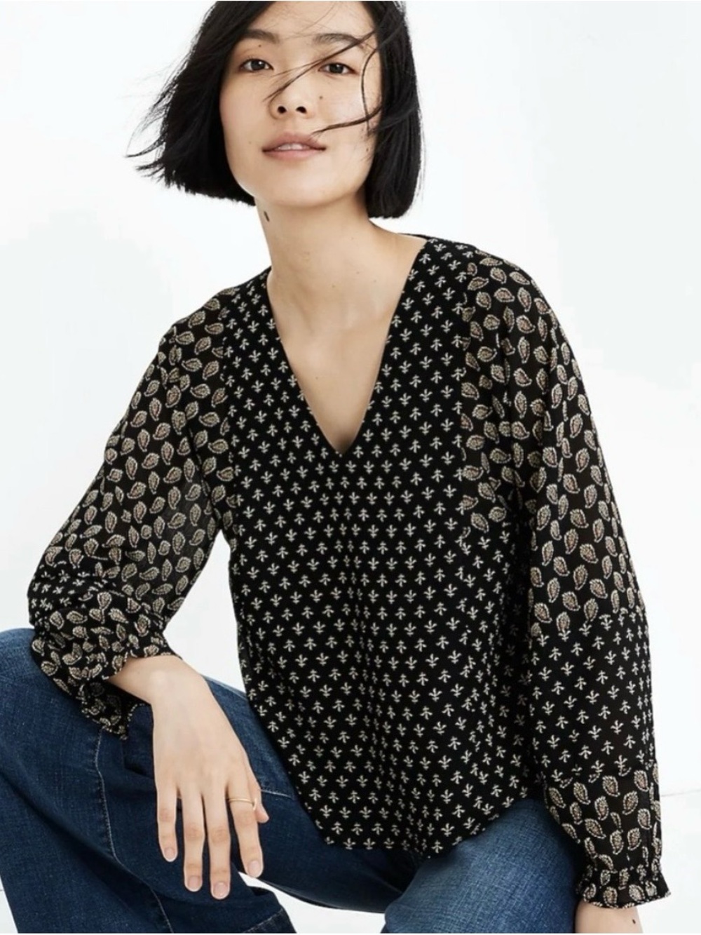 Madewell Black V-Neck Mixed Print Blouse